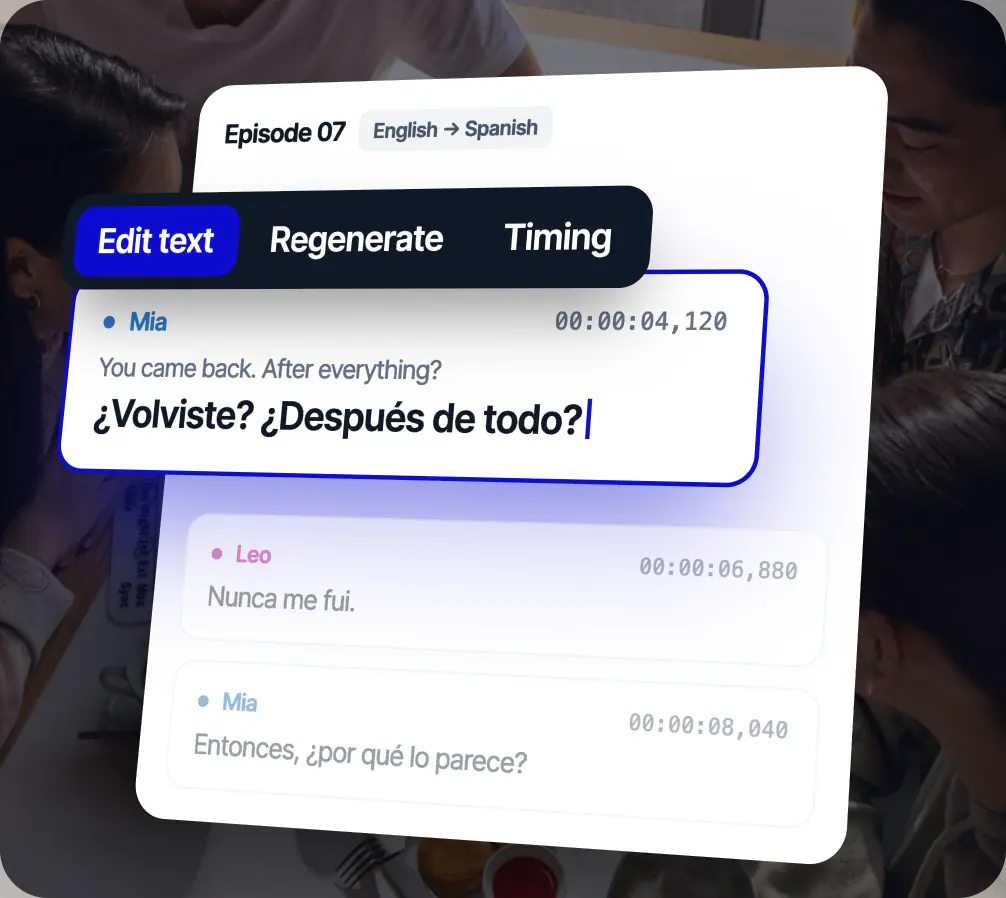 Editor de líneas de Rask para el Episodio 07, de inglés a español: se está editando una línea de Mia con las opciones Editar texto, Regenerar y Sincronizar tiempo