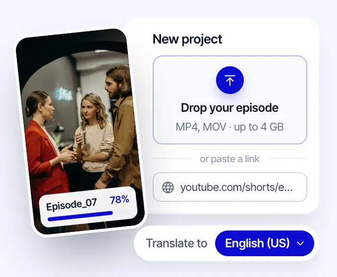 Pantalla de nuevo proyecto en Rask: un episodio de miniserie cargándose al 78%, con el idioma de destino configurado en inglés (EE. UU.)
