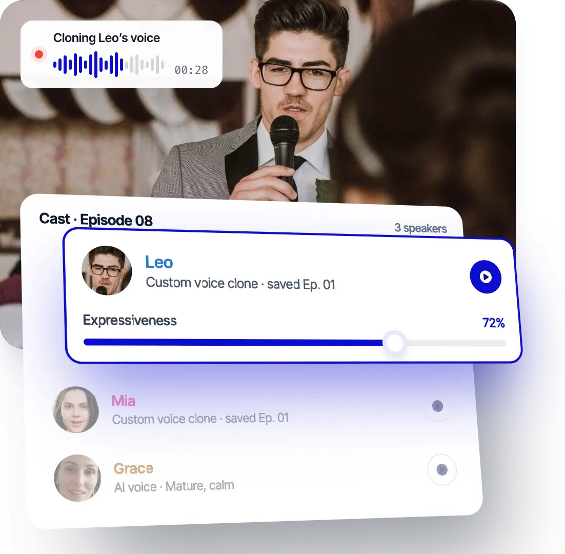 Clonación de la voz de Leo en Rask, y el elenco del episodio 08: Leo y Mia con voces personalizadas guardadas desde el episodio 01, Grace con una voz de IA y un control deslizante de expresividad al 72%